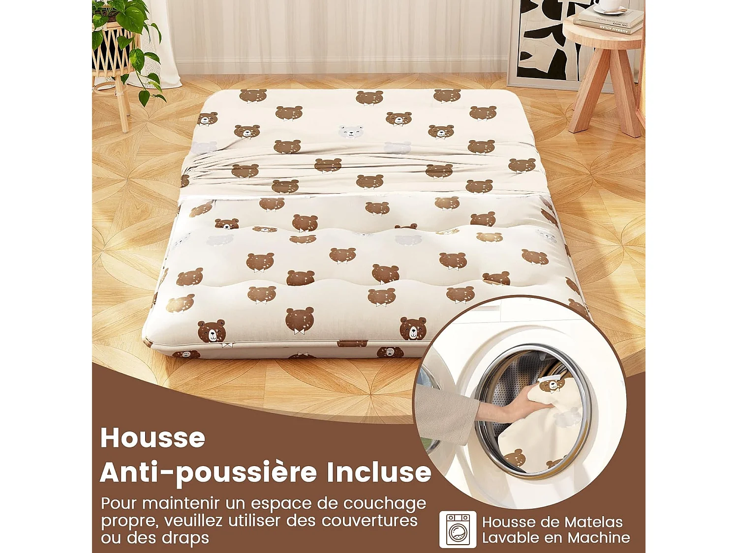 Matelas Futon Portable Pliable, Futon Japonais 140 x 200 cm, Housse Lavable, Matelas de Sol avec Sac de Transport, pour Le Camping, Les Voyages, Beige | Petit Ours