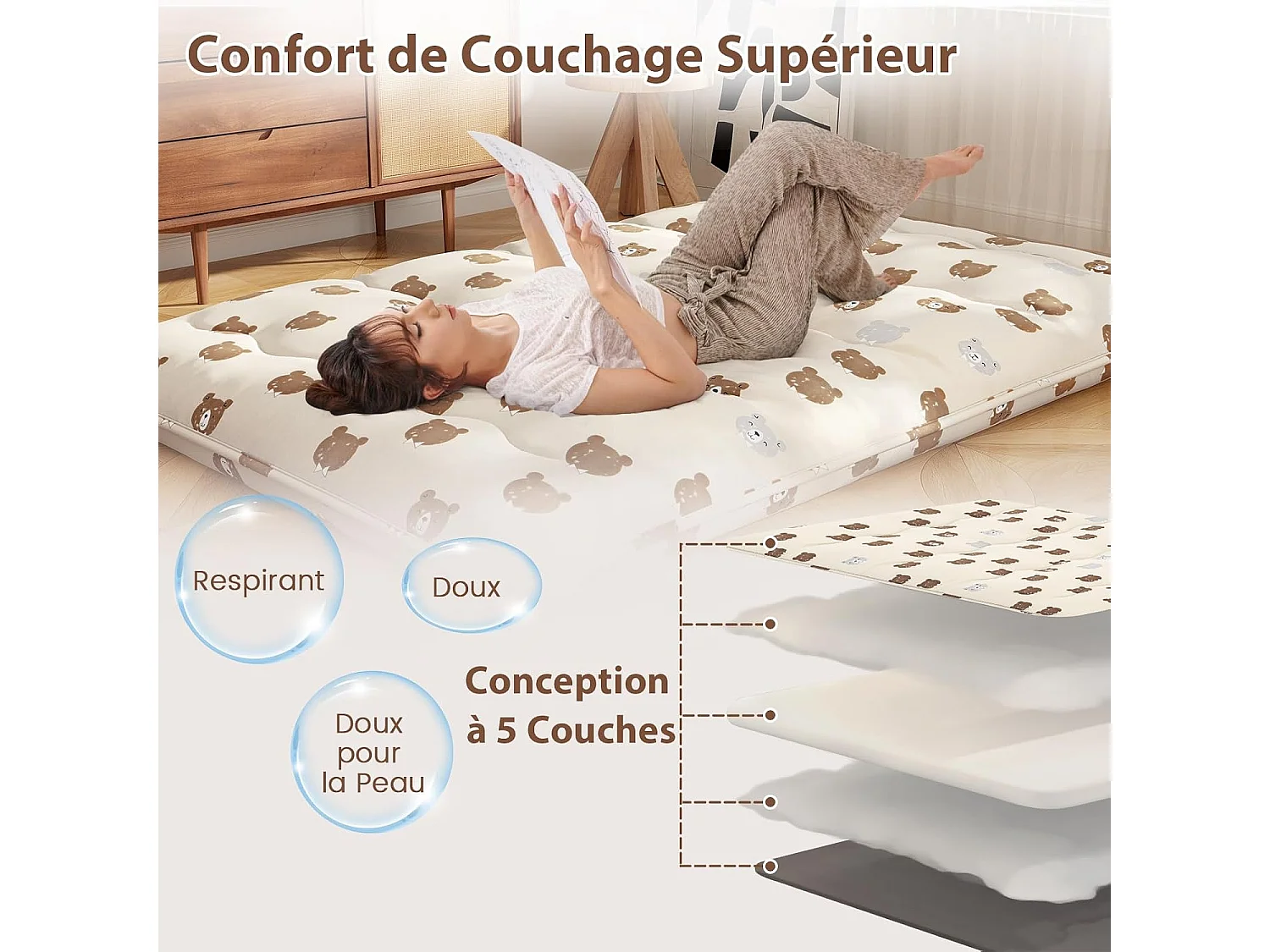 Matelas Futon Portable Pliable, Futon Japonais 140 x 200 cm, Housse Lavable, Matelas de Sol avec Sac de Transport, pour Le Camping, Les Voyages, Beige | Petit Ours