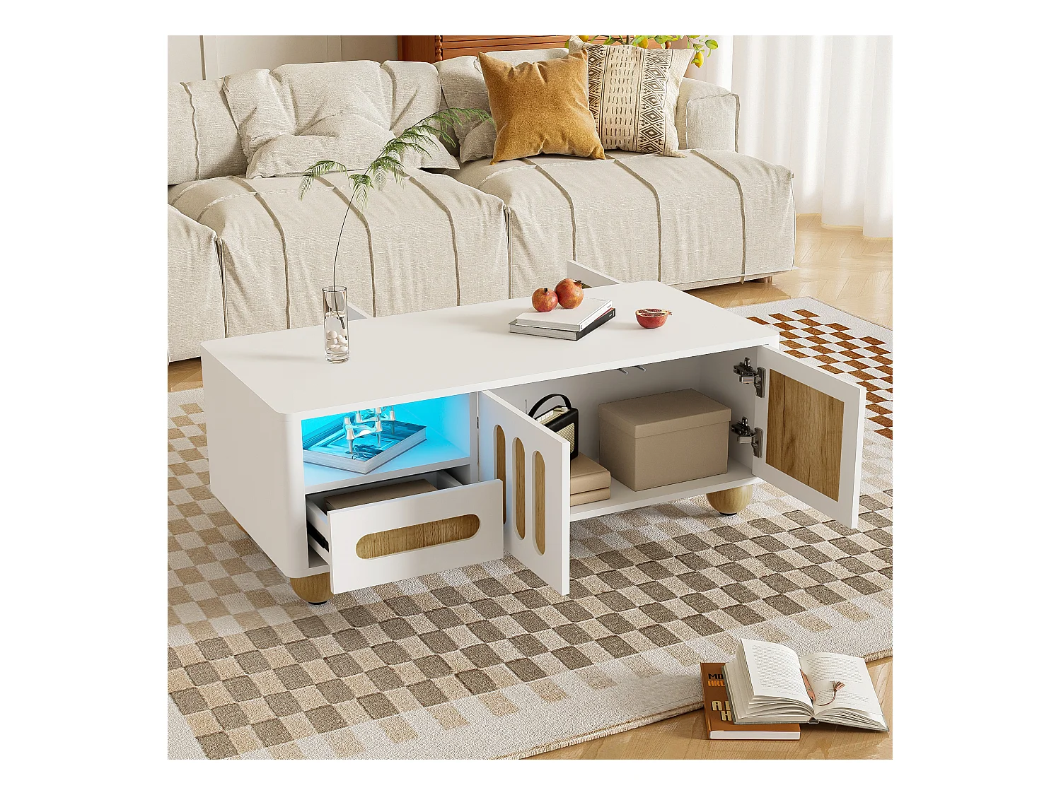 Mesa de centro de 105x50x40 cm con 4 puertas, 2 cajones y compartimento abierto, luz LED, esquinas redondeadas, espacio de almacenamiento versátil