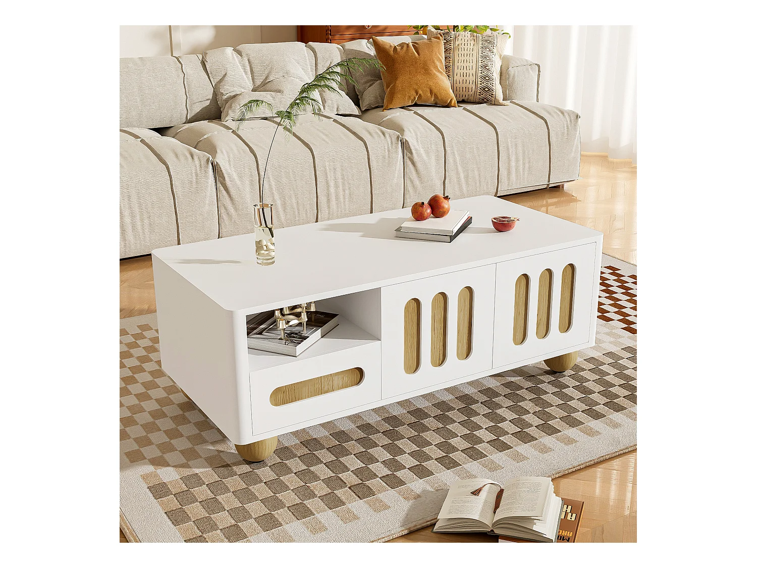 Mesa de centro de 105x50x40 cm con 4 puertas, 2 cajones y compartimento abierto, luz LED, esquinas redondeadas, espacio de almacenamiento versátil