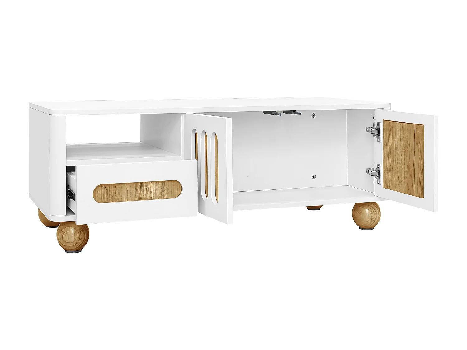 Mesa de centro de 105x50x40 cm con 4 puertas, 2 cajones y compartimento abierto, luz LED, esquinas redondeadas, espacio de almacenamiento versátil