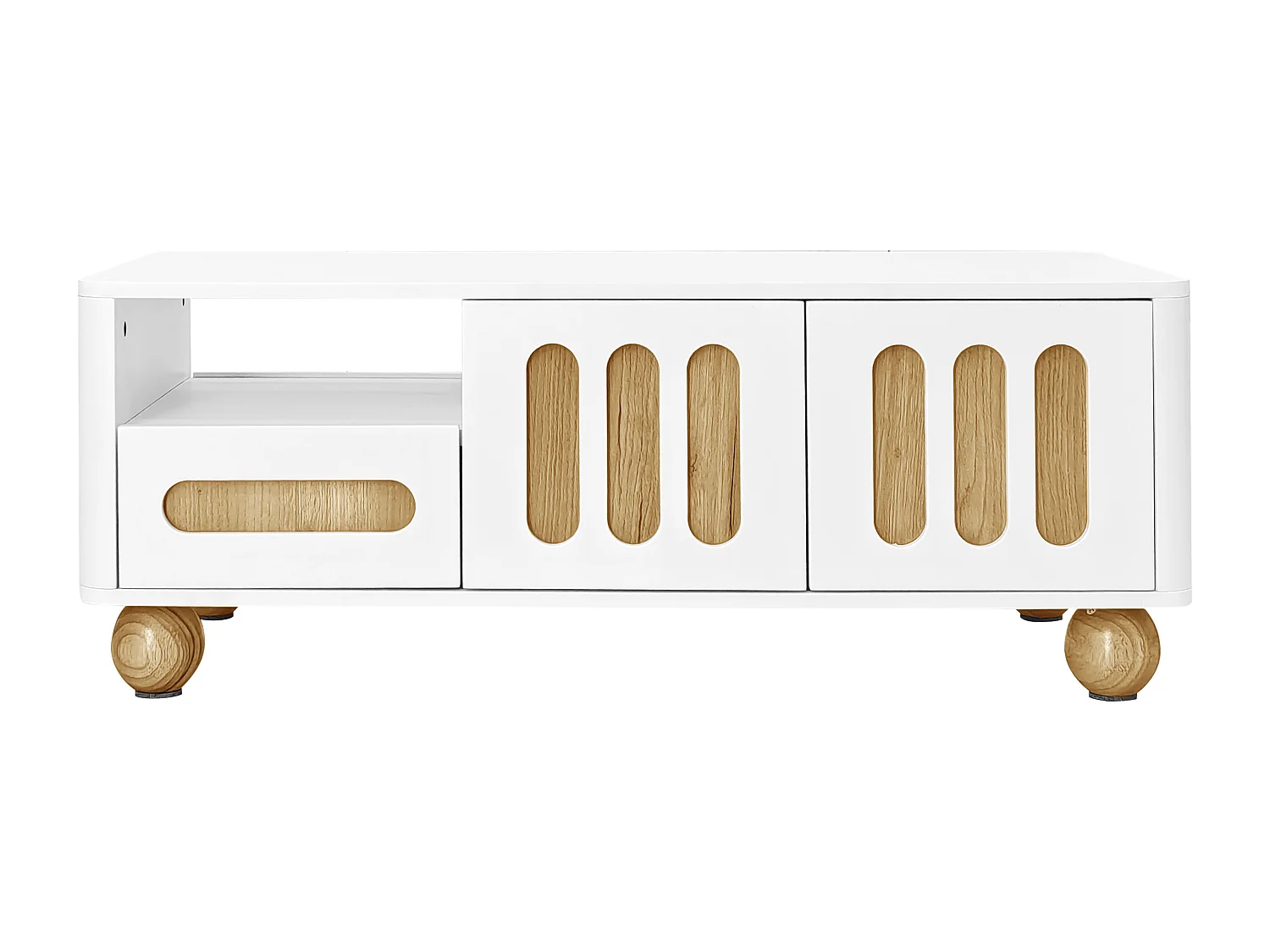 Mesa de centro de 105x50x40 cm con 4 puertas, 2 cajones y compartimento abierto, luz LED, esquinas redondeadas, espacio de almacenamiento versátil