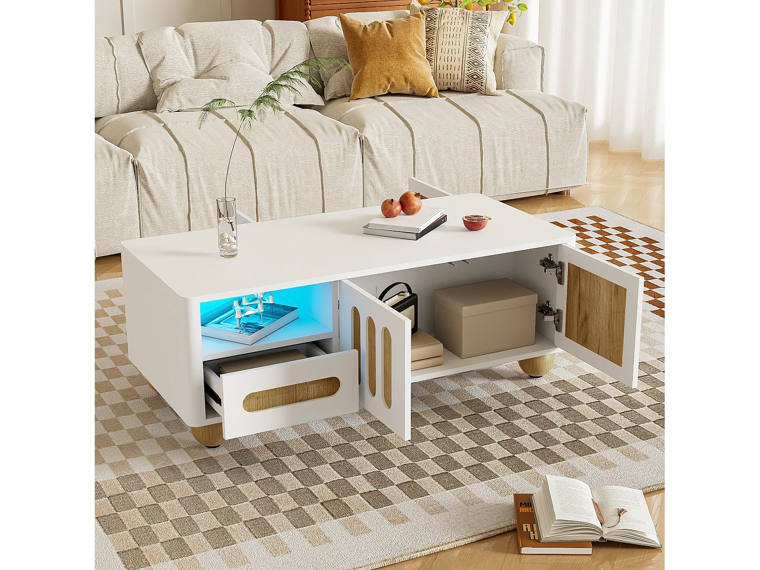 Mesa de centro de 105x50x40 cm con 4 puertas, 2 cajones y compartimento abierto, luz LED, esquinas redondeadas, espacio de almacenamiento versátil