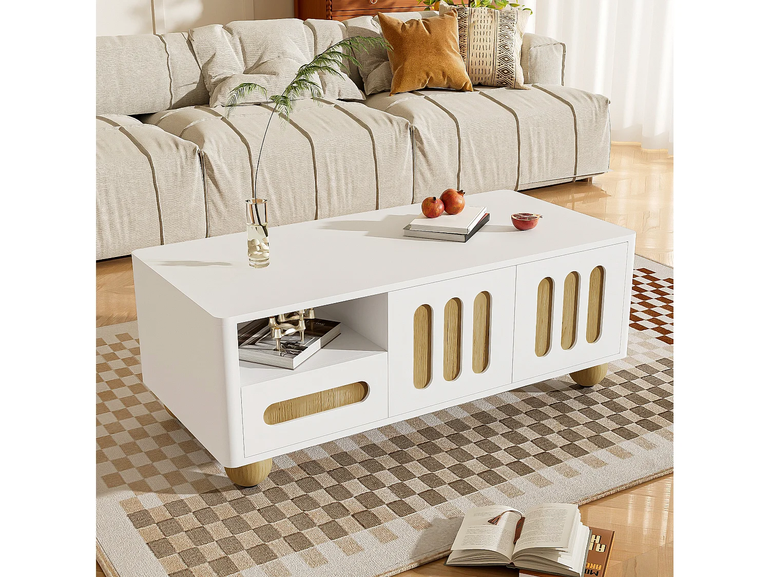 Mesa de centro de 105x50x40 cm con 4 puertas, 2 cajones y compartimento abierto, luz LED, esquinas redondeadas, espacio de almacenamiento versátil