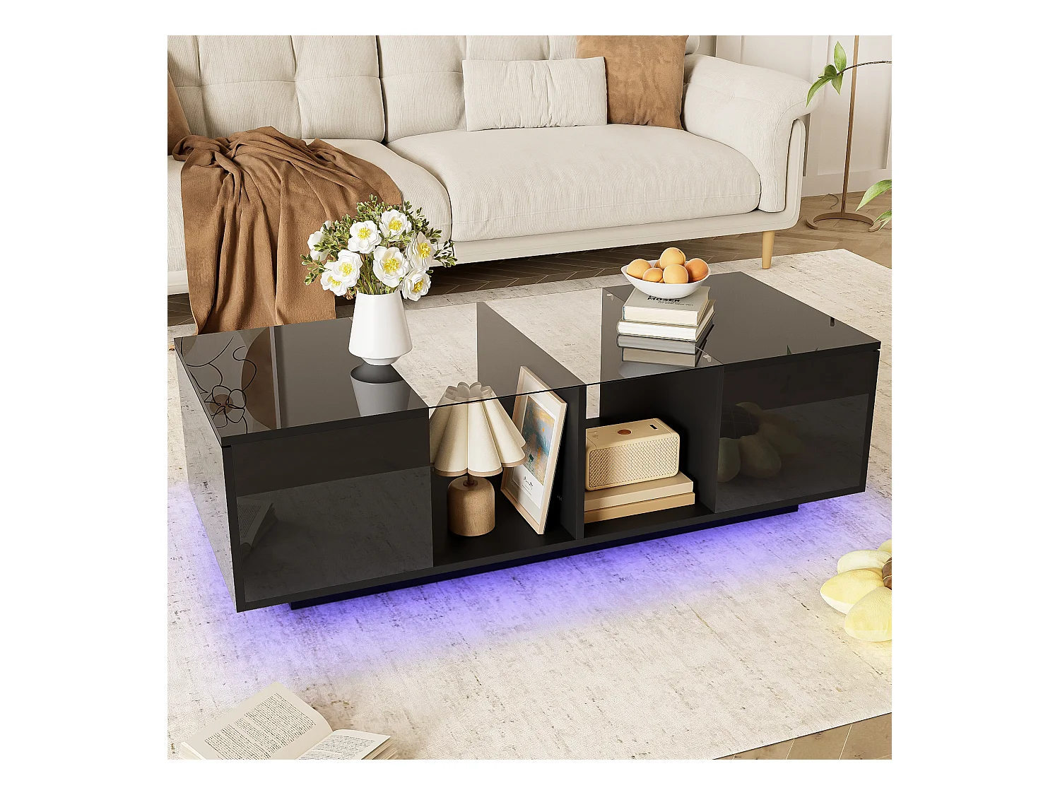 Mesa de centro moderna negra con iluminación LED, tablero de alto brillo, 120 x 50 x 38,5 cm