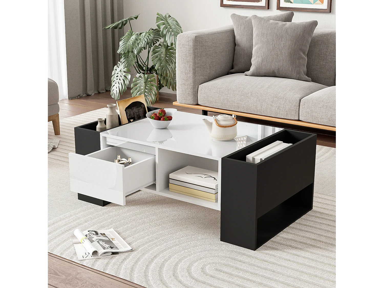 Mesa de centro moderna 105x60x40,5 cm, color blanco y negro, cajón y 4 compartimentos abiertos