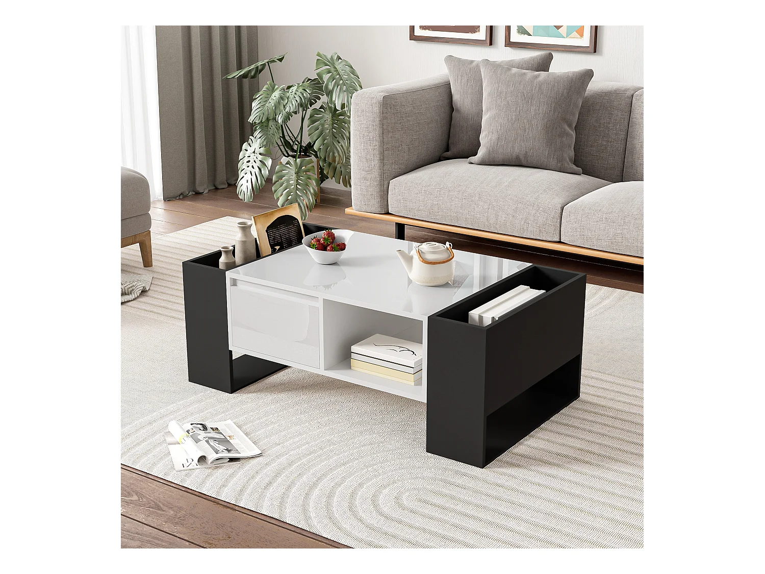 Mesa de centro moderna 105x60x40,5 cm, color blanco y negro, cajón y 4 compartimentos abiertos