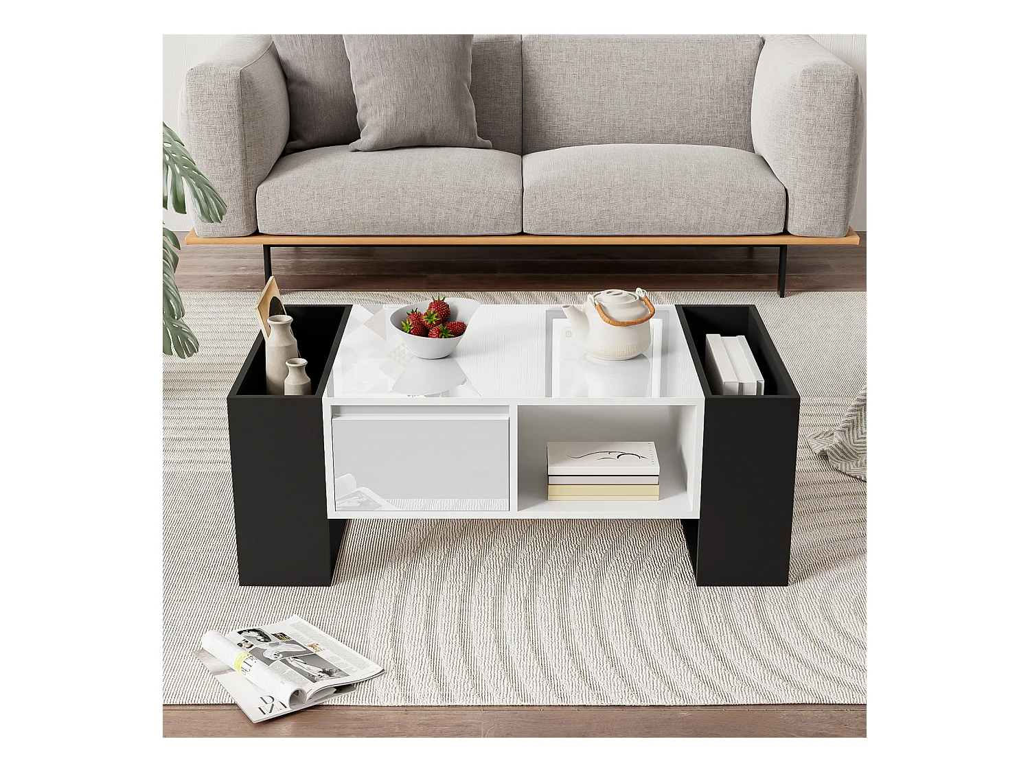 Mesa de centro moderna 105x60x40,5 cm, color blanco y negro, cajón y 4 compartimentos abiertos