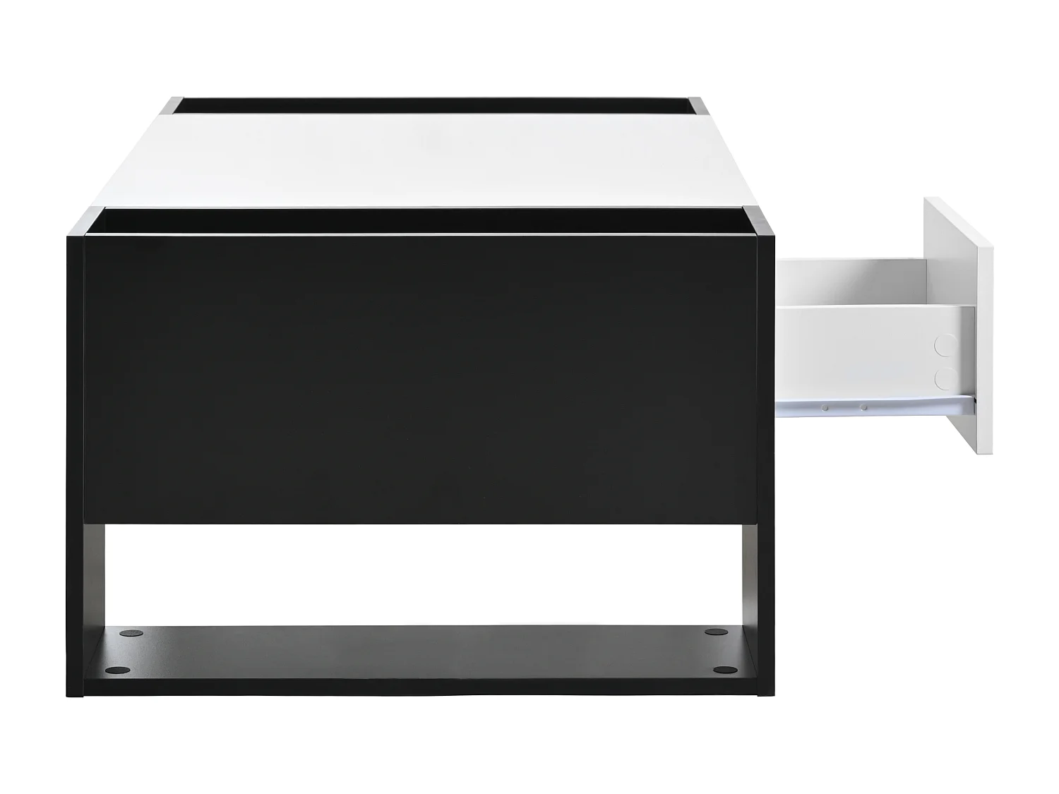 Mesa de centro moderna 105x60x40,5 cm, color blanco y negro, cajón y 4 compartimentos abiertos