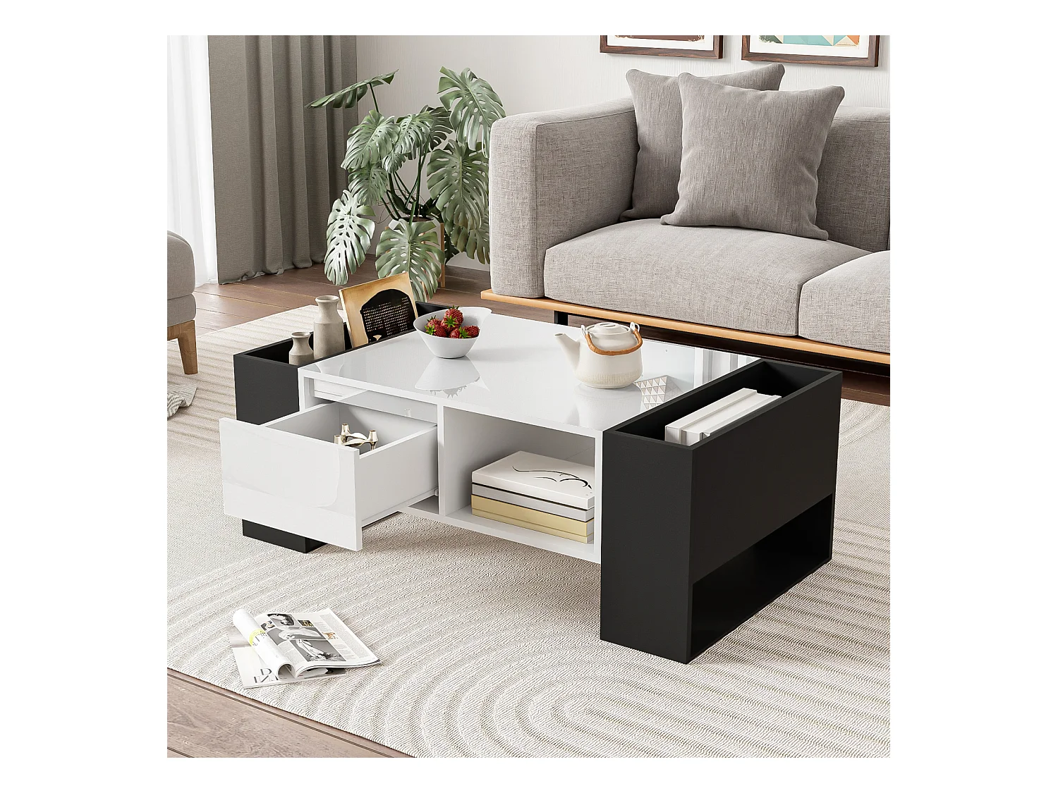 Mesa de centro moderna 105x60x40,5 cm, color blanco y negro, cajón y 4 compartimentos abiertos