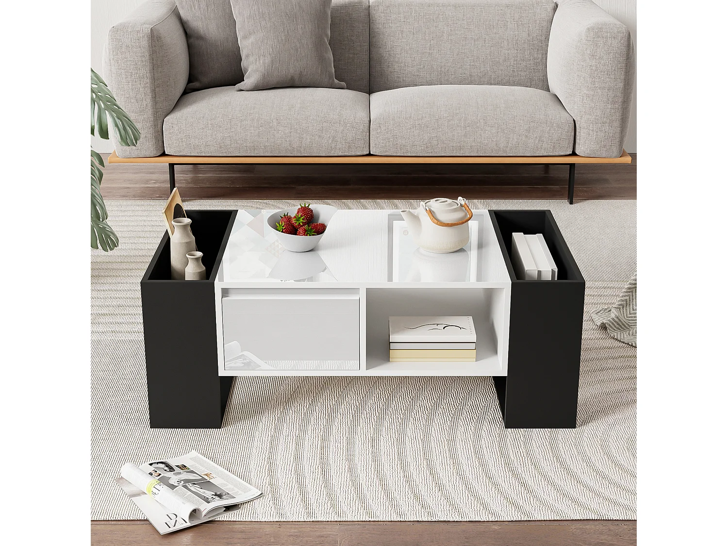 Mesa de centro moderna 105x60x40,5 cm, color blanco y negro, cajón y 4 compartimentos abiertos