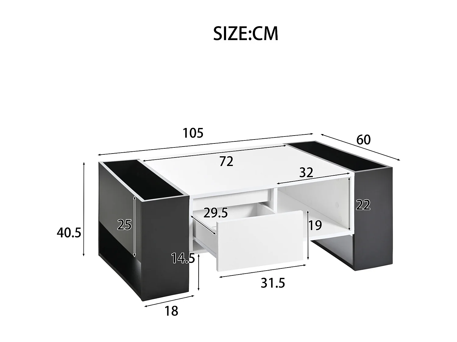 Mesa de centro moderna 105x60x40,5 cm, color blanco y negro, cajón y 4 compartimentos abiertos