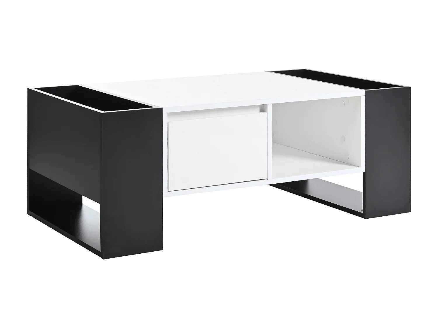 Mesa de centro moderna 105x60x40,5 cm, color blanco y negro, cajón y 4 compartimentos abiertos