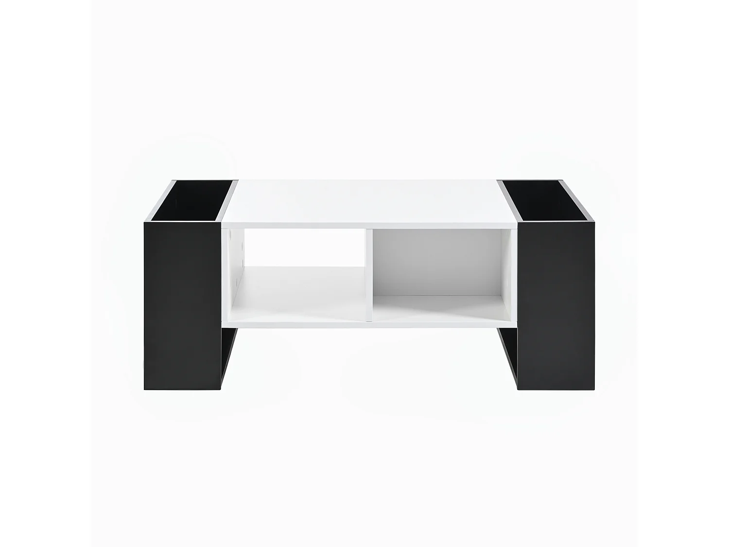 Mesa de centro moderna 105x60x40,5 cm, color blanco y negro, cajón y 4 compartimentos abiertos