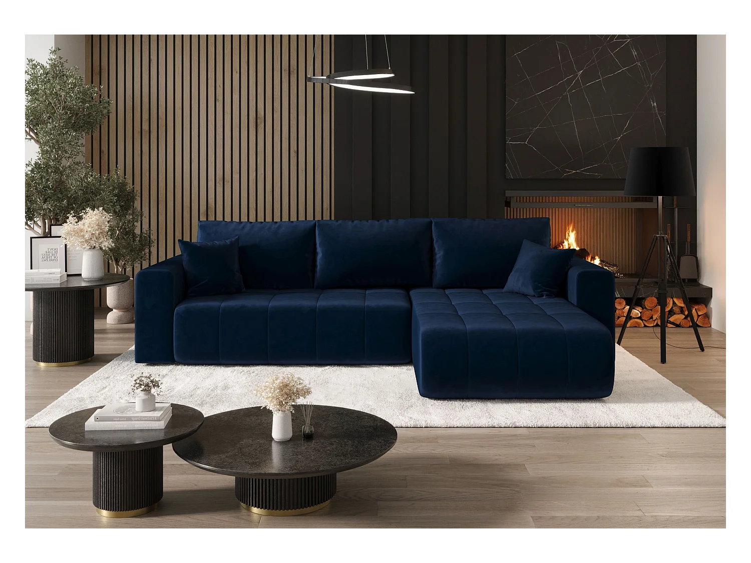 Canapé d'angle convertible MILO Monolith 77 bleu foncé droite canapé en L avec coffre de rangement canapé de salon, canapé-lit, canapé avec coffre
