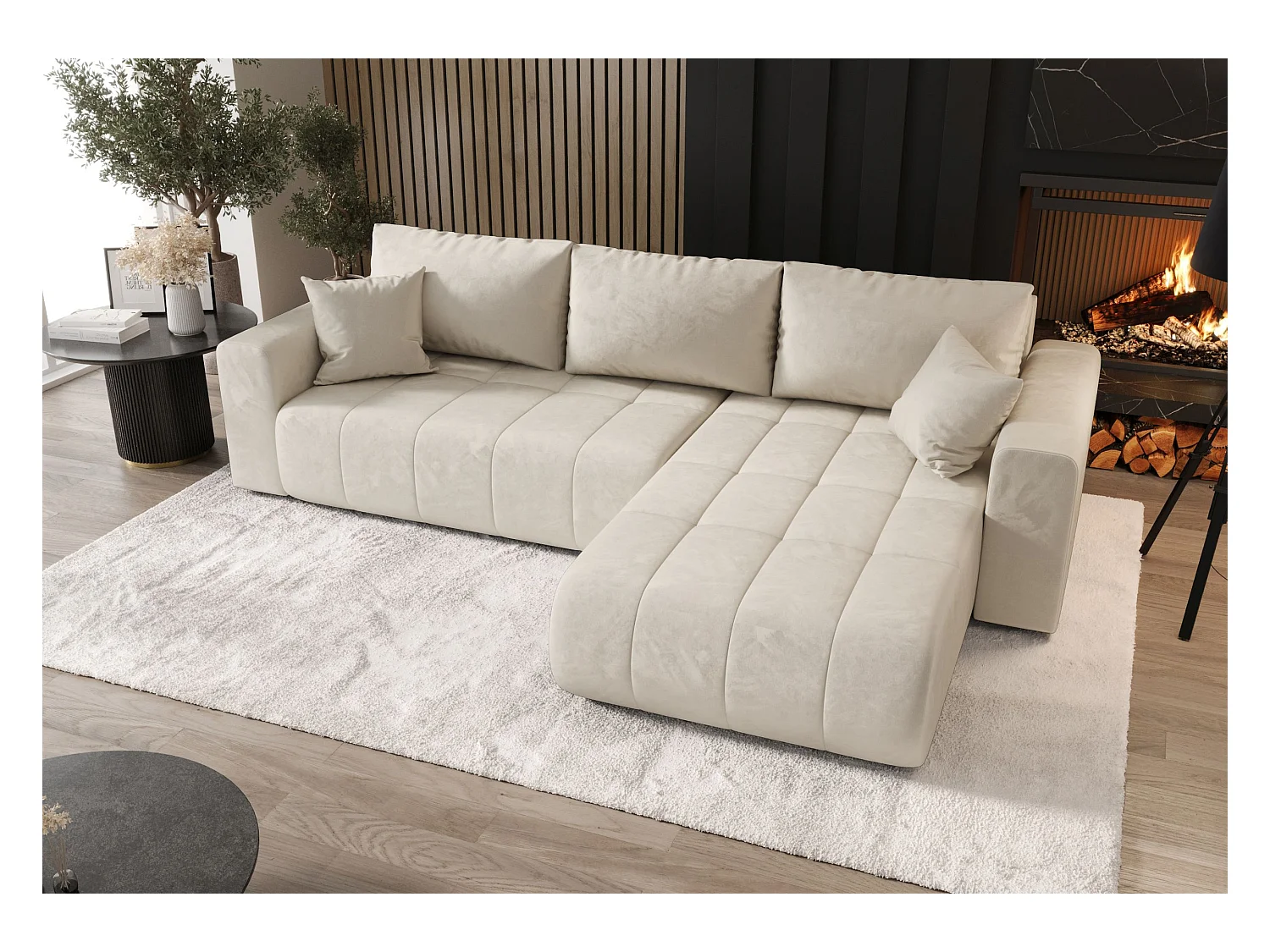 Hoekbank met slaapfunctie MILO Monolith 02 crème rechts L-vormige bank met opbergruimte woonkamerbank, slaapbank, bank met opbergruimte