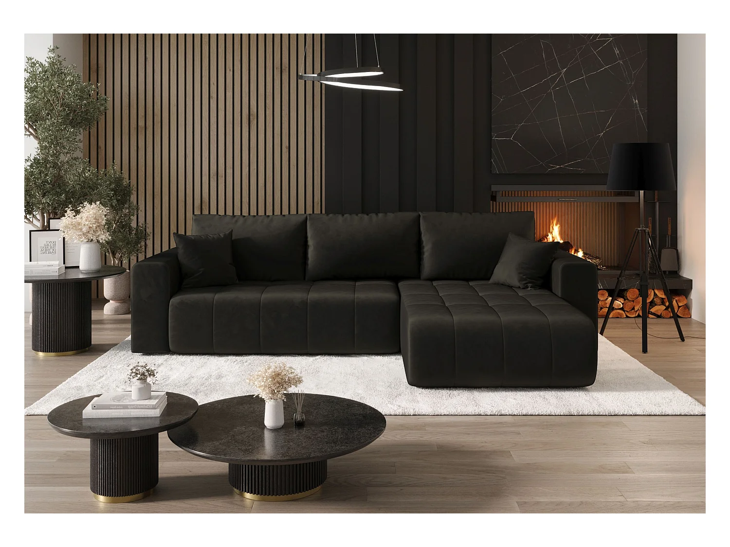 Canapé d'angle convertible MILO Monolith 95 noir droite canapé en L avec coffre de rangement canapé de salon, canapé-lit, canapé avec coffre