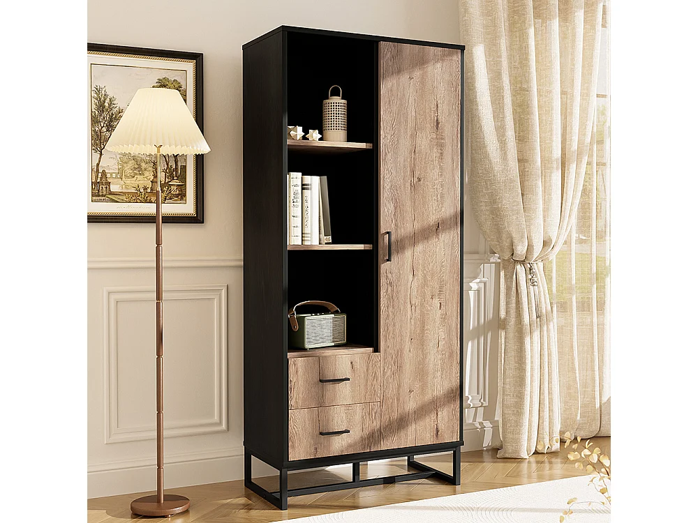 Vetrina moderna 80x40x180 cm - Esterno in legno, struttura nera, con ante, 2 cassetti e 3 vani a giorno