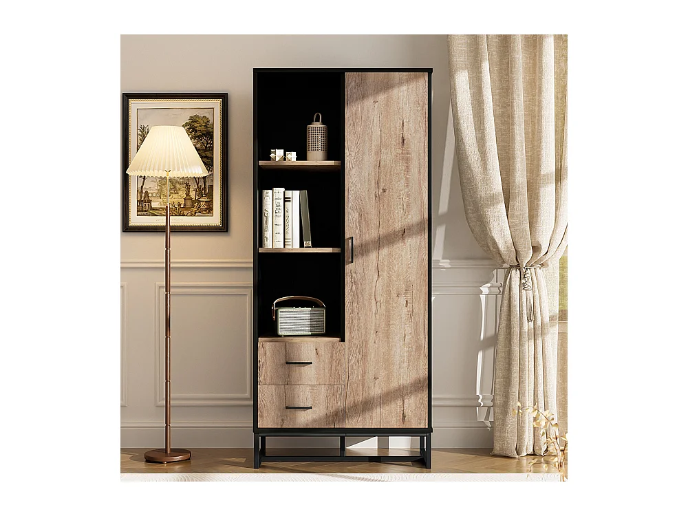Vitrine moderne 80x40x180 cm - Extérieur en bois, cadre noir, avec portes, 2 tiroirs et 3 compartiments ouverts