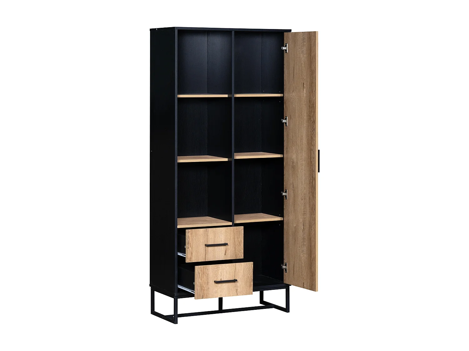 Moderne vitrinekast 80x40x180 cm - Houten buitenkant, zwart frame, met deuren, 2 laden en 3 open vakken