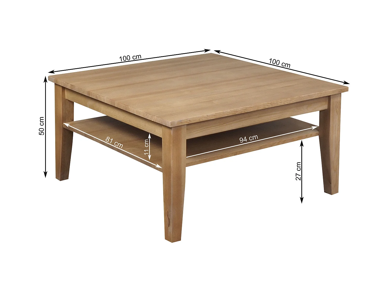 Ława 100 x 100 cm drewniana z półką Grands, kolor dębowy