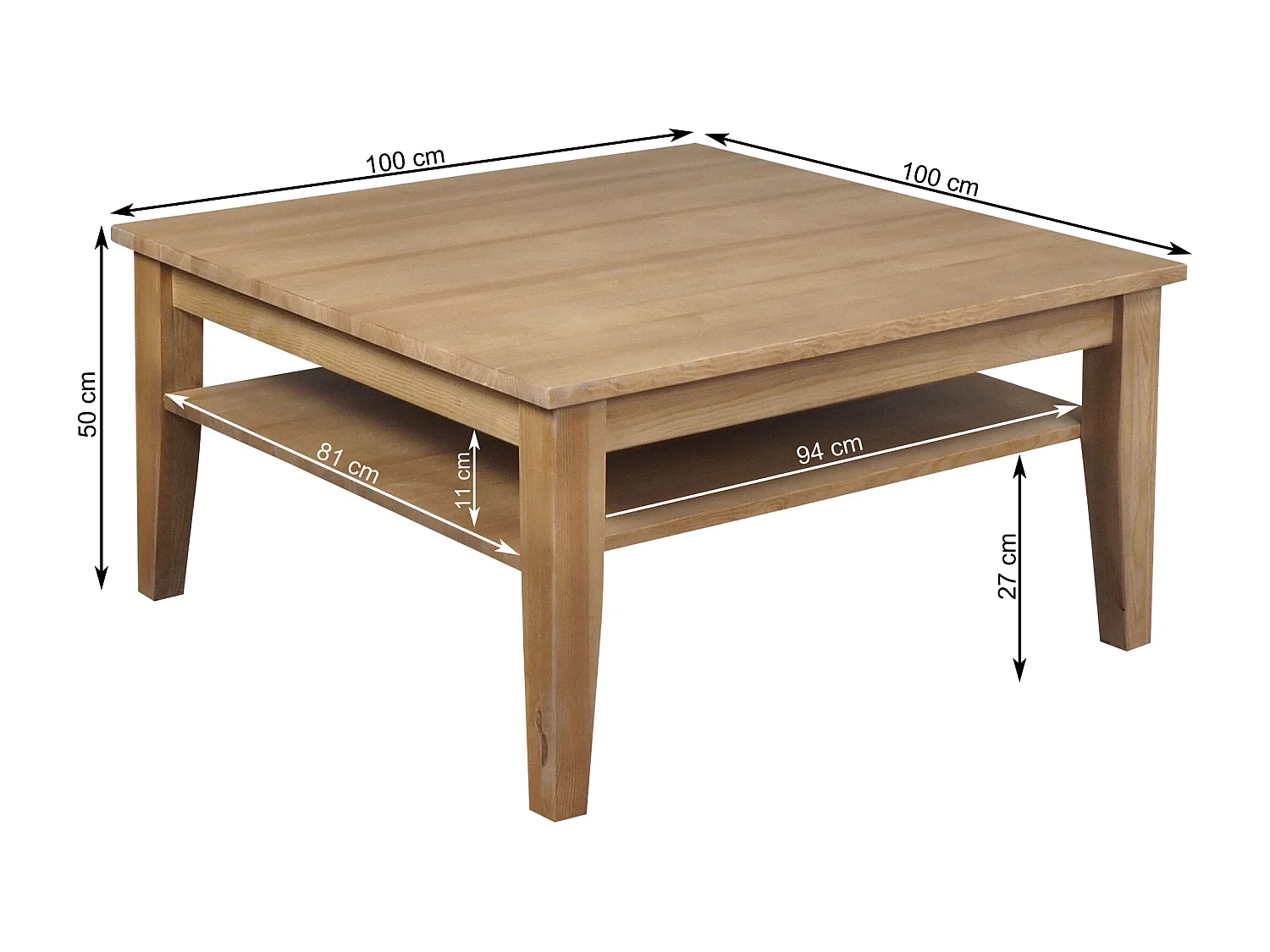 Ława 100 x 100 cm drewniana z półką Grands, kolor dębowy