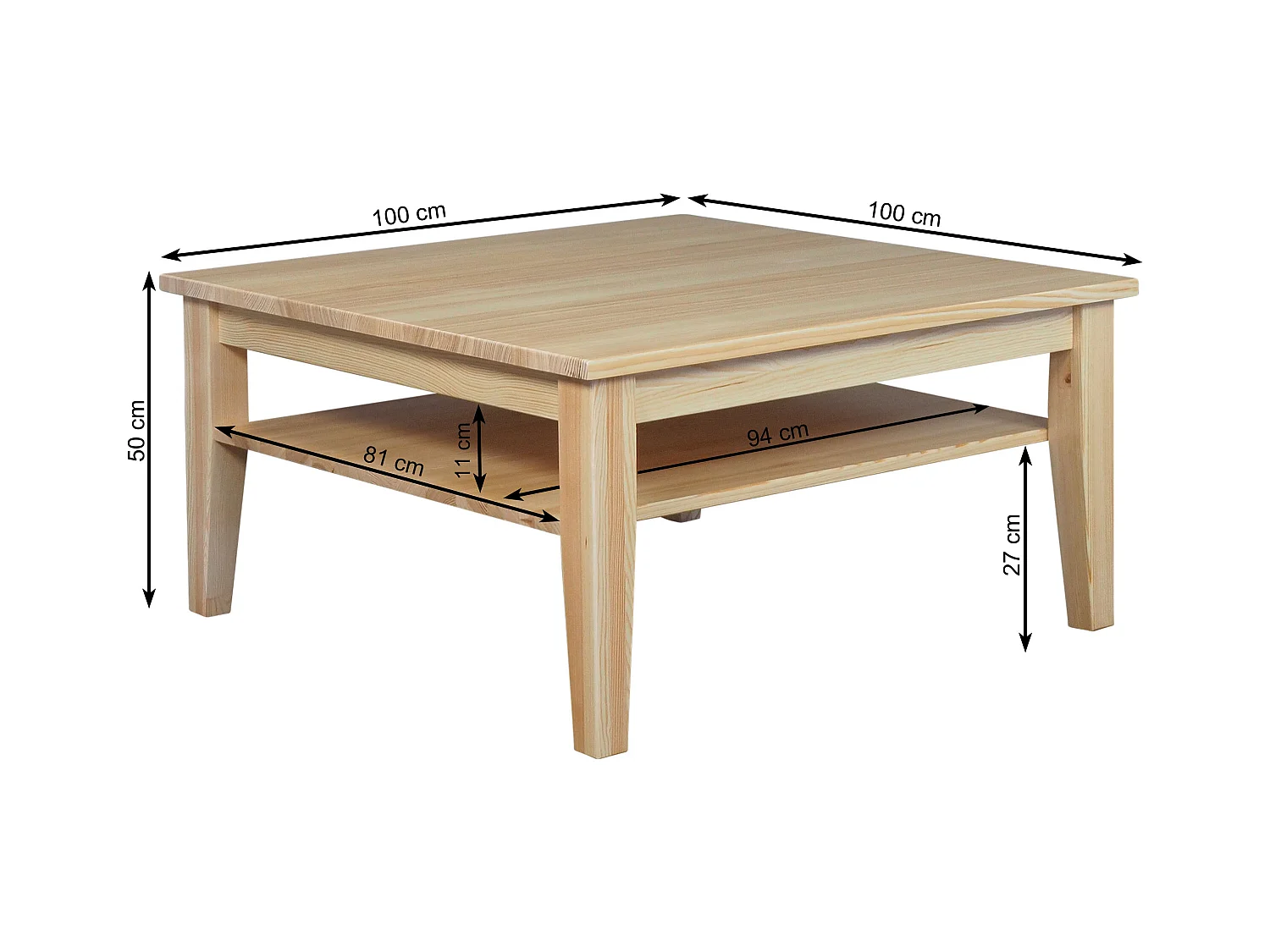 Ława 100 x 100 cm drewniana z półką Grands, sosnowa