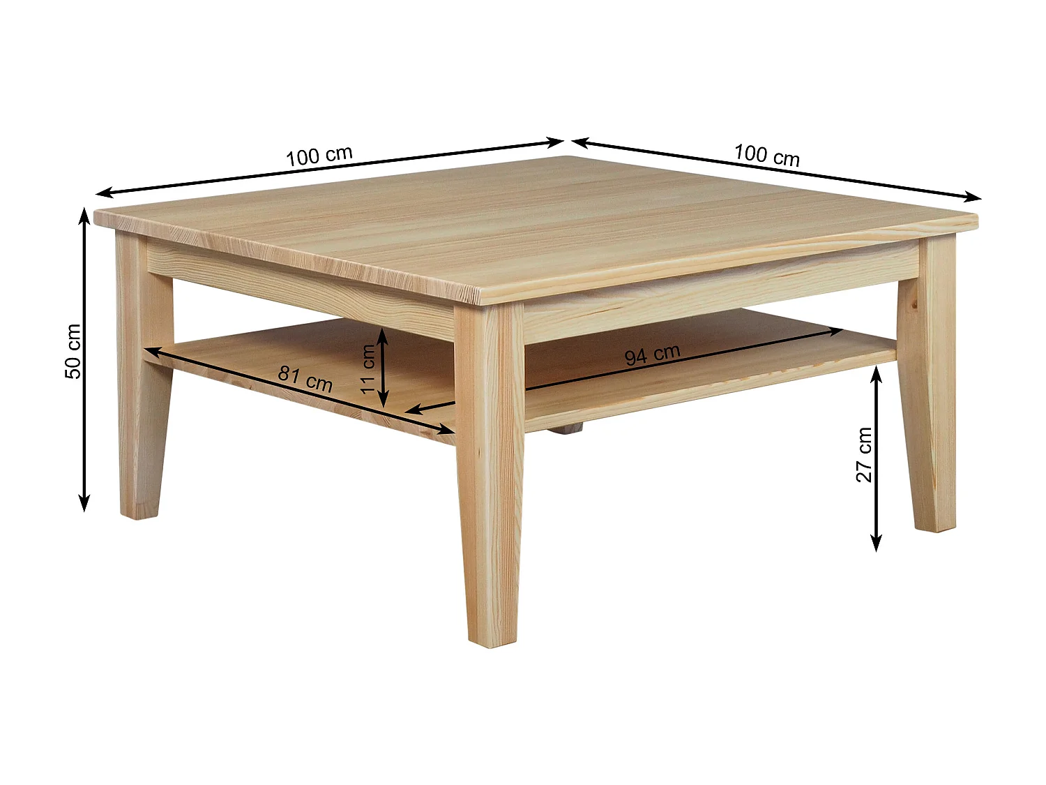 Ława 100 x 100 cm drewniana z półką Grands, sosnowa