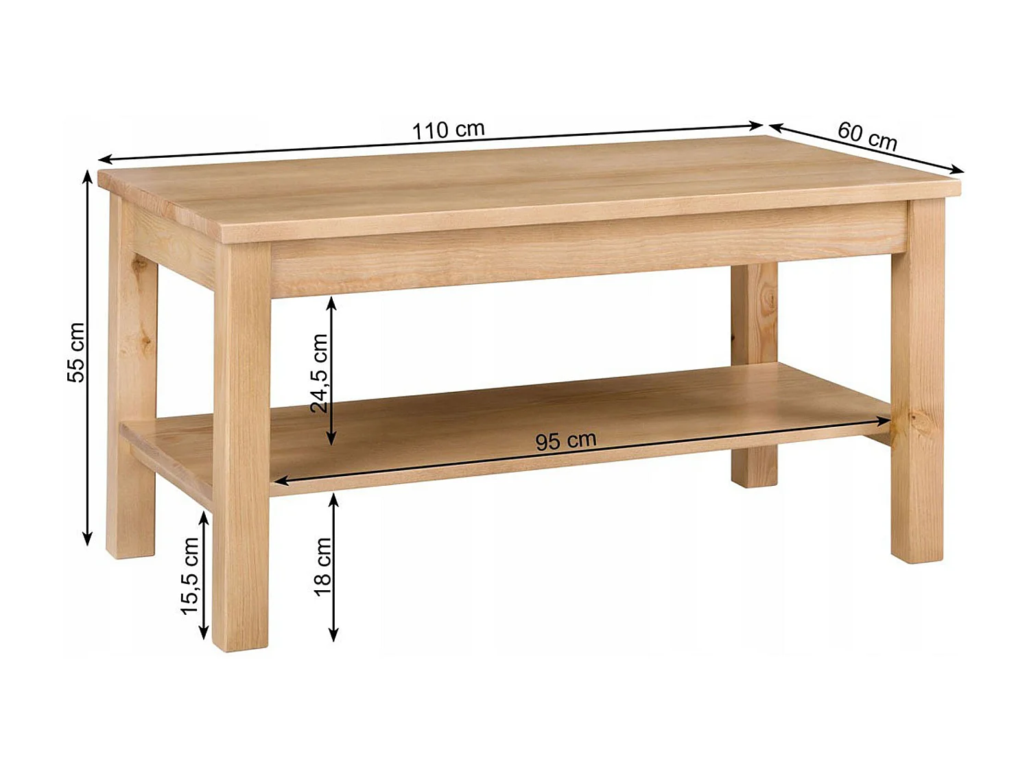 Ława 110 x 60 cm drewniana z półką Prestige, kolor dębowy