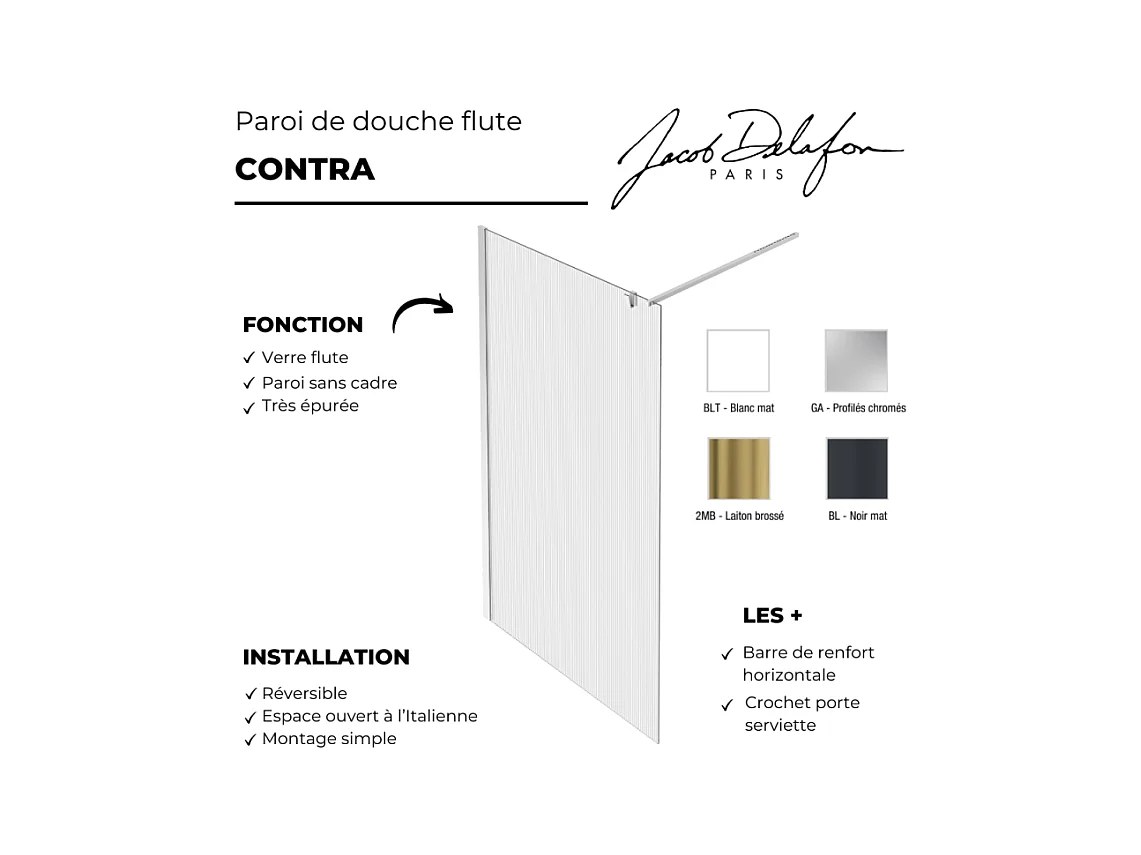 Paroi de douche JACOB DELAFON Contra flute 120cm + kit profilé Blanc mat