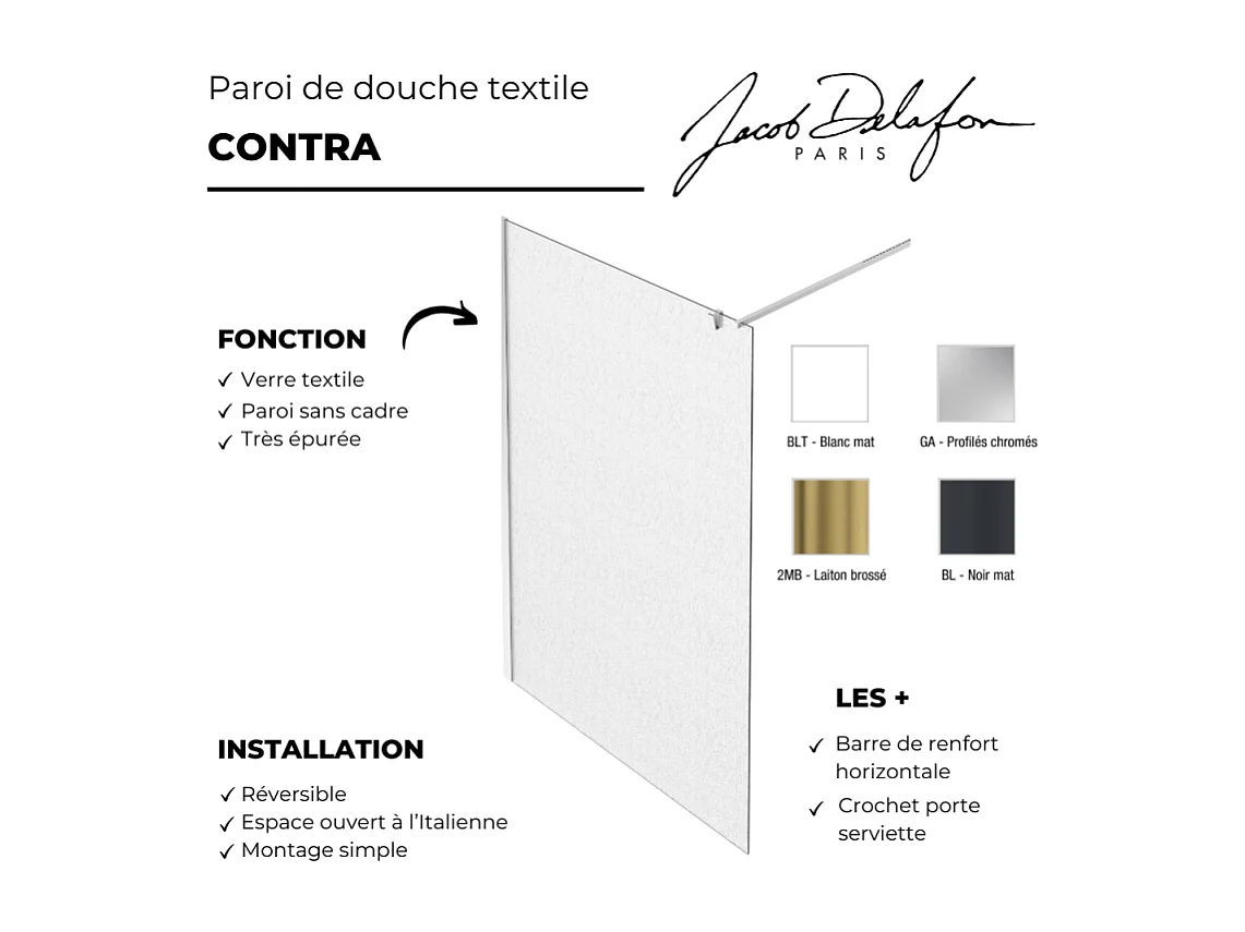 Paroi de douche JACOB DELAFON Contra textile 100cm + kit profilé Laiton brossé