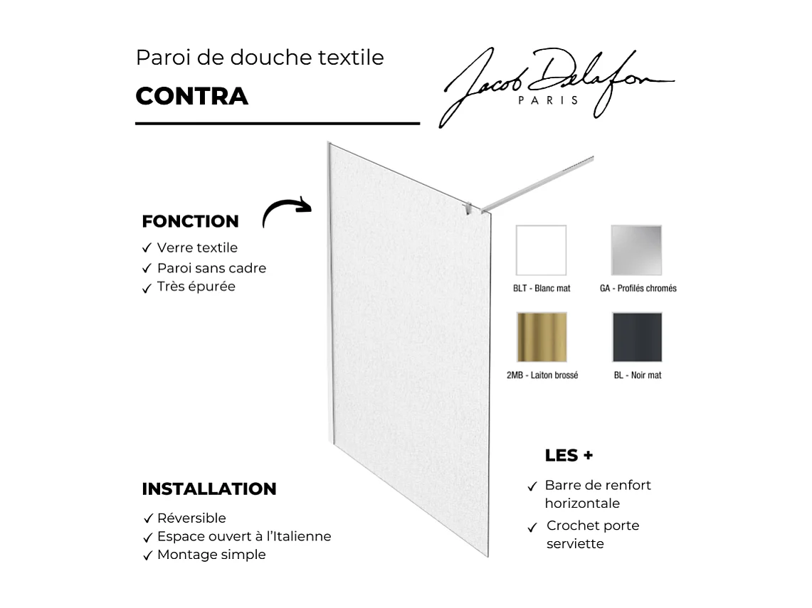 Paroi de douche JACOB DELAFON Contra textile 120cm + kit profilé Chromé
