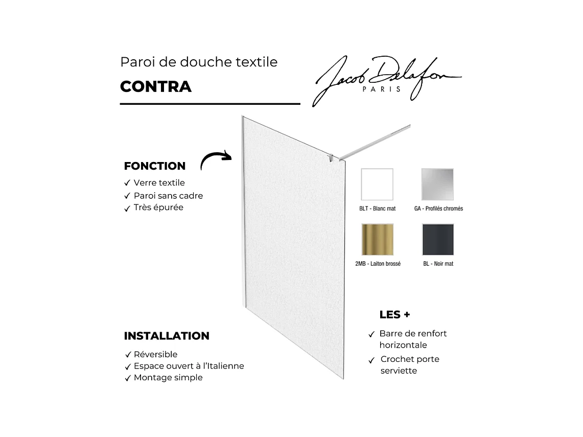 Paroi de douche JACOB DELAFON Contra textile 100cm + kit profilé Noir mat