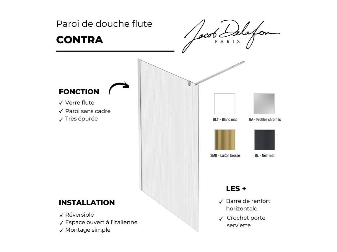Paroi de douche JACOB DELAFON Contra flute 100cm + kit profilé Blanc mat