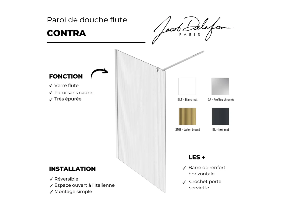 Paroi de douche JACOB DELAFON Contra flute 120cm + kit profilé Noir mat