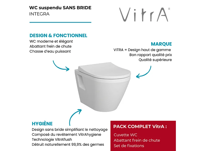 Cuvette WC suspendu sans bride VitrA Integra blanc avec abattant frein de chute