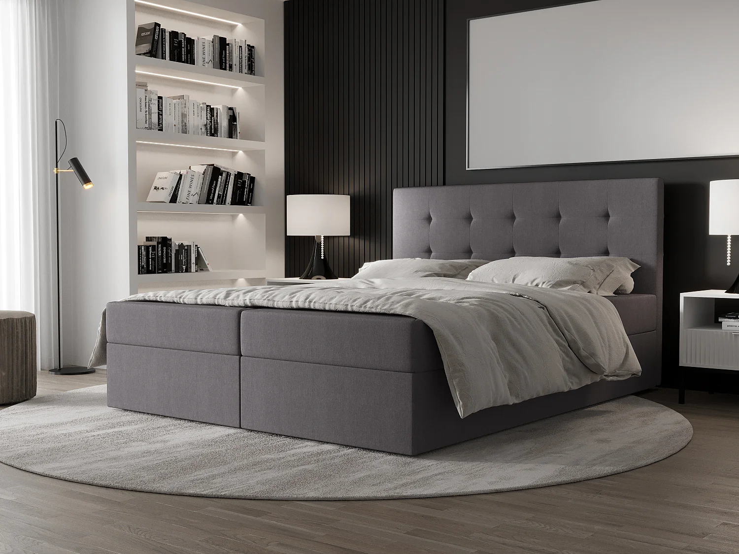 AX LIVING lit boxspring 160x200 avec coffre de rangement Dahlina en gris confort sans surmatelas