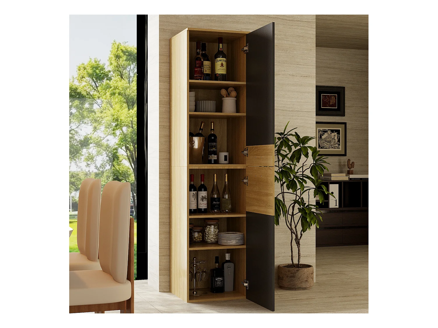 Colonne de Cuisine - Meuble de Cuisine avec 2 Portes et Étagères Réglables, Salle à Manger, 45 x 45 x 183cm, Gris