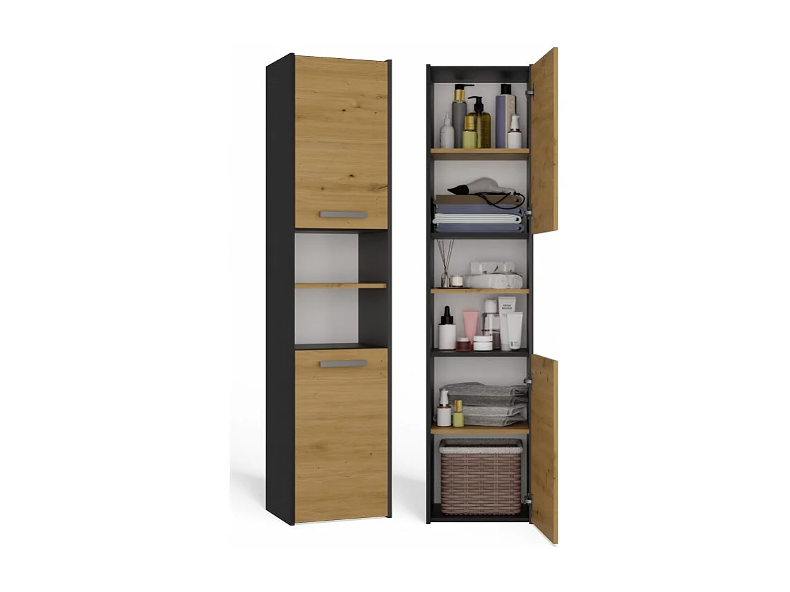 Szafka Łazienkowa Sara S40 | Antracyt/Dąb Artisan | 40x30x170 cm | Słupek Łazienkowy, Półki