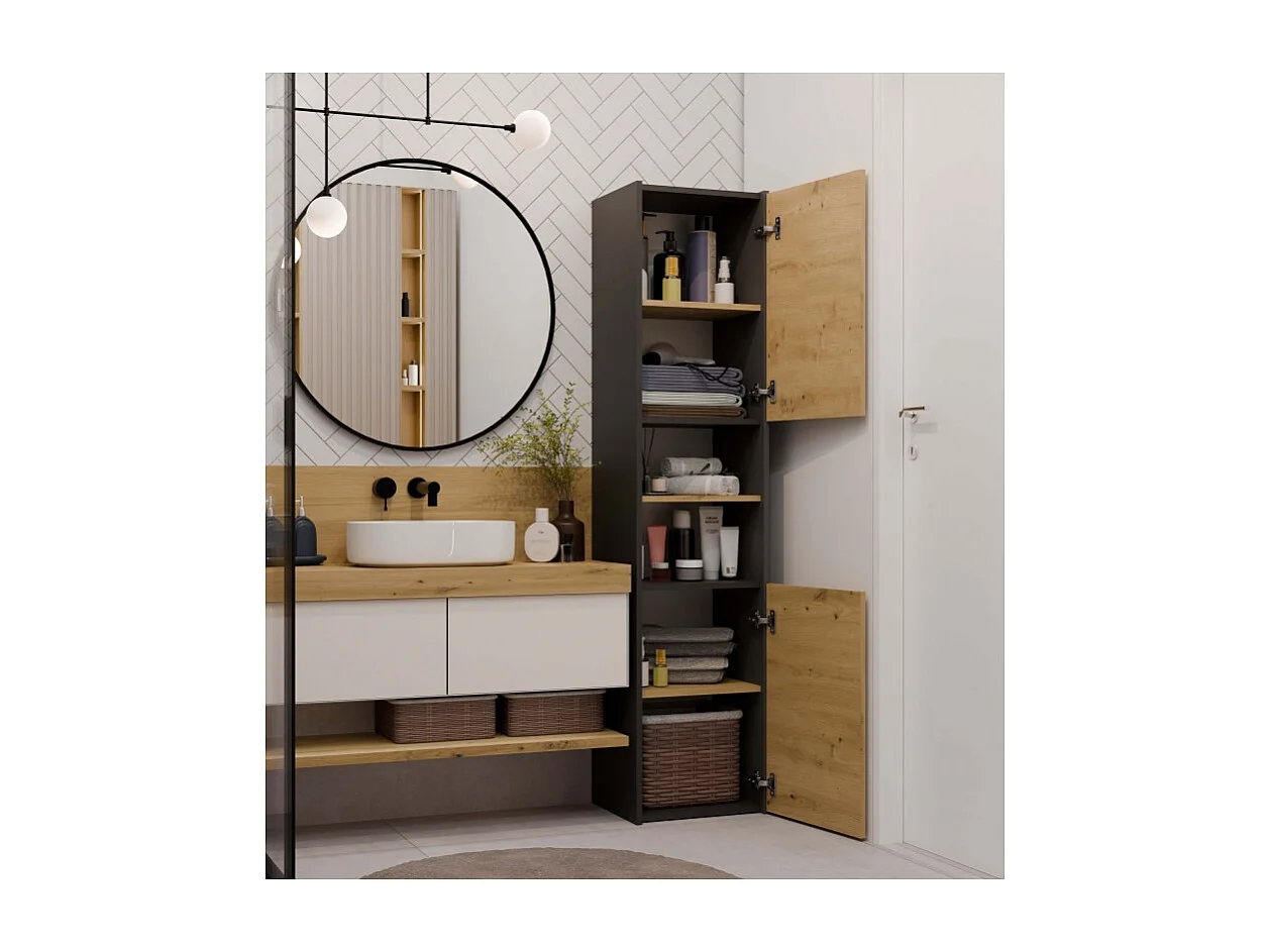 Szafka Łazienkowa Sara S40 | Antracyt/Dąb Artisan | 40x30x170 cm | Słupek Łazienkowy, Półki