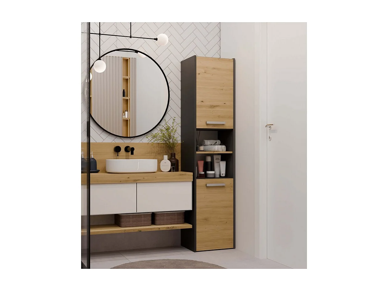 Szafka Łazienkowa Sara S40 | Antracyt/Dąb Artisan | 40x30x170 cm | Słupek Łazienkowy, Półki