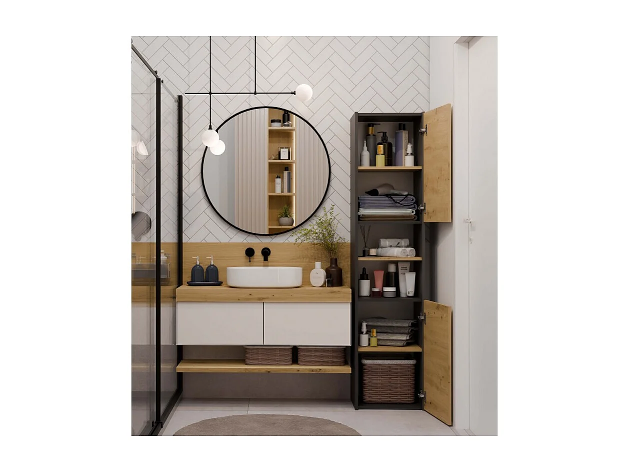 Szafka Łazienkowa Sara S40 | Antracyt/Dąb Artisan | 40x30x170 cm | Słupek Łazienkowy, Półki