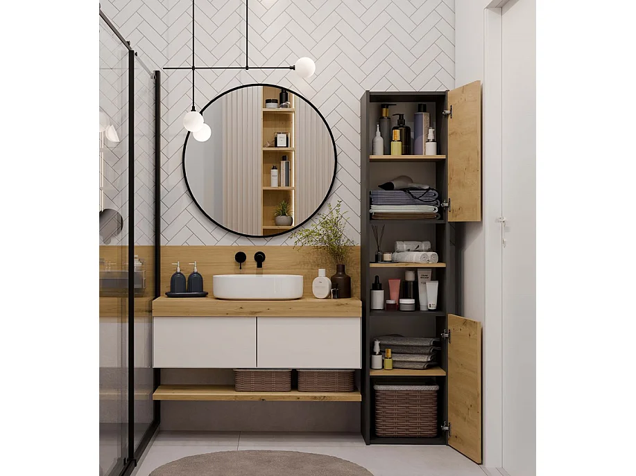 Szafka Łazienkowa Sara S40 | Antracyt/Dąb Artisan | 40x30x170 cm | Słupek Łazienkowy, Półki