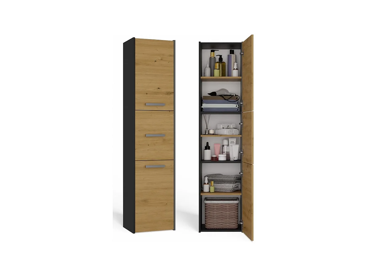 Szafka Łazienkowy Sara S43 | Antracyt/Dąb Artisan | 40x30x170 cm | Szafka 3 Drzwi, Półki