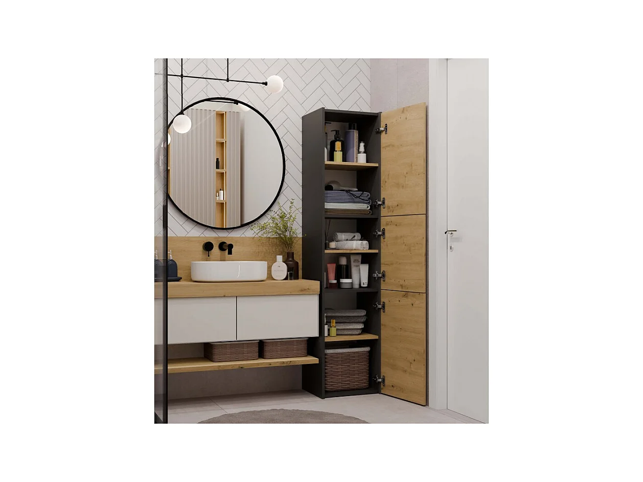 Szafka Łazienkowy Sara S43 | Antracyt/Dąb Artisan | 40x30x170 cm | Szafka 3 Drzwi, Półki