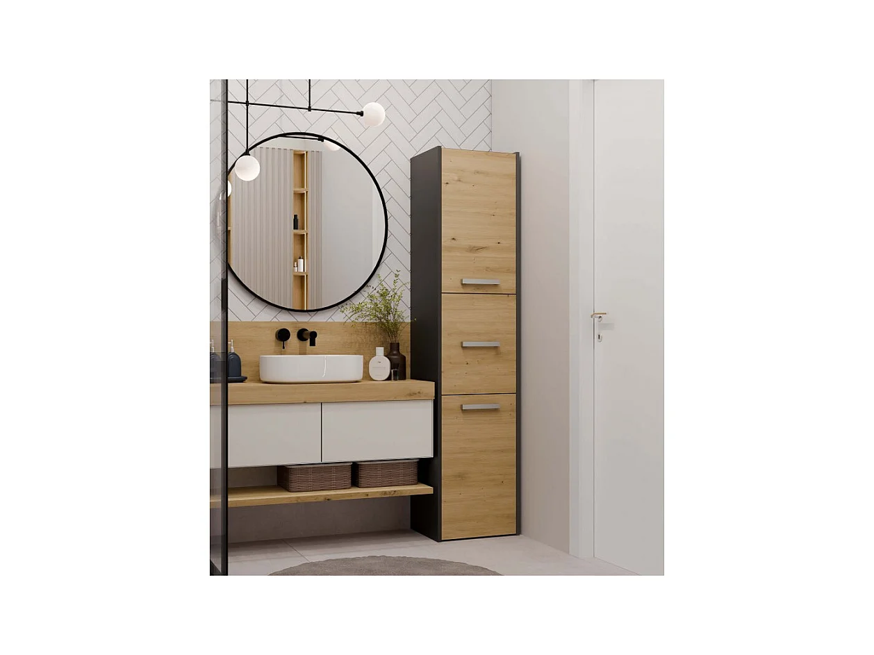 Szafka Łazienkowy Sara S43 | Antracyt/Dąb Artisan | 40x30x170 cm | Szafka 3 Drzwi, Półki