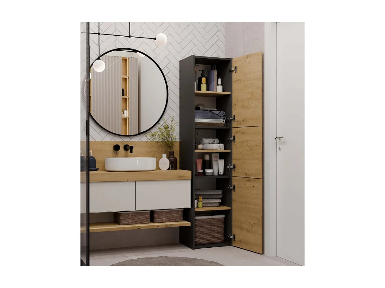 Szafka Łazienkowy Sara S43 | Antracyt/Dąb Artisan | 40x30x170 cm | Szafka 3 Drzwi, Półki