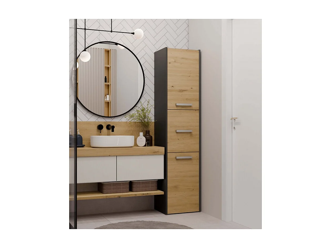 Szafka Łazienkowy Sara S43 | Antracyt/Dąb Artisan | 40x30x170 cm | Szafka 3 Drzwi, Półki
