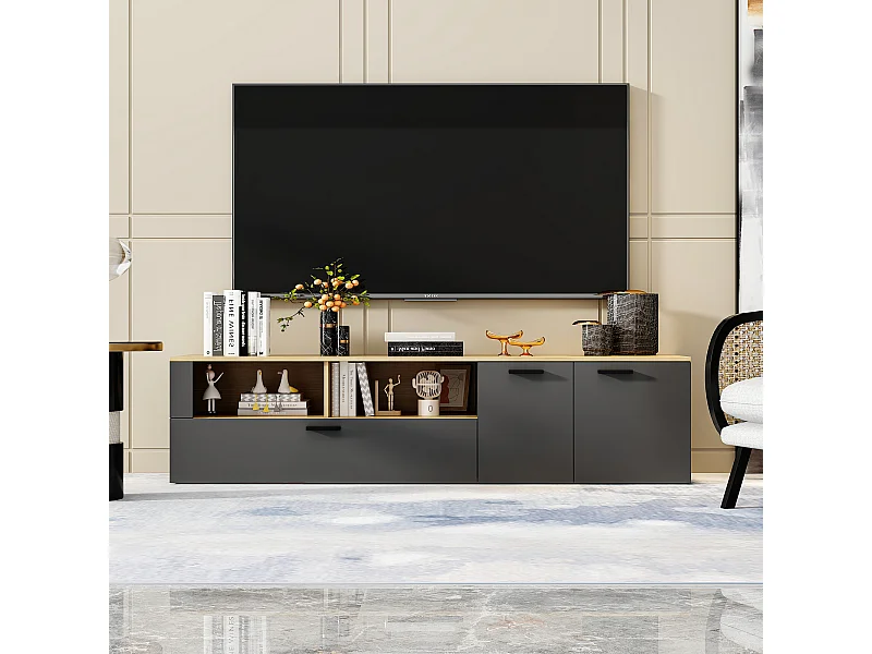 Meuble TV en gris foncé&bois naturel,7 espaces de rangement,3 portes à gauche et à droite,dispositif anti-basculement,180x40x40,5cm