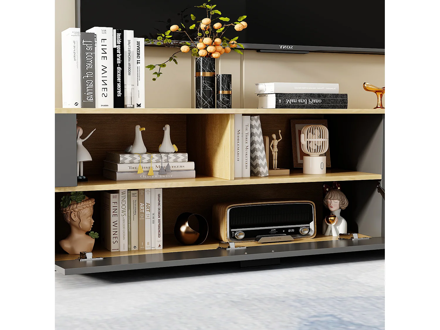 Meuble TV en gris foncé&bois naturel,7 espaces de rangement,3 portes à gauche et à droite,dispositif anti-basculement,180x40x40,5cm